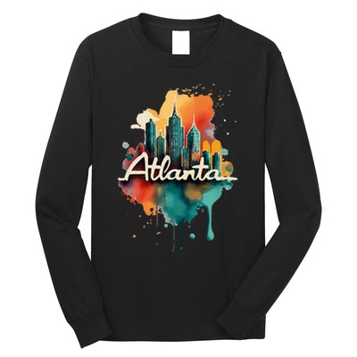 Watercolor Atlanta Georgia Skyline Retro Graphic Tees Long Sleeve Shirt