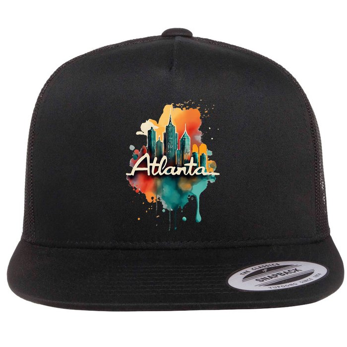 Watercolor Atlanta Georgia Skyline Retro Graphic Tees Flatbill Hat