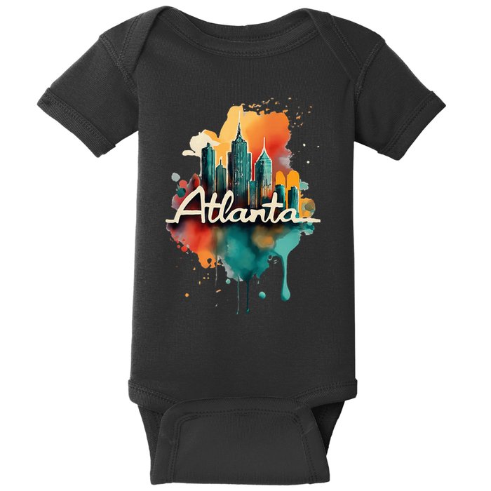 Watercolor Atlanta Georgia Skyline Retro Graphic Tees Baby Bodysuit