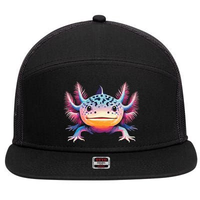 Watercolor Axolotl Gift Adults Black Cartoon Axolotl  7 Panel Mesh Trucker Snapback Hat