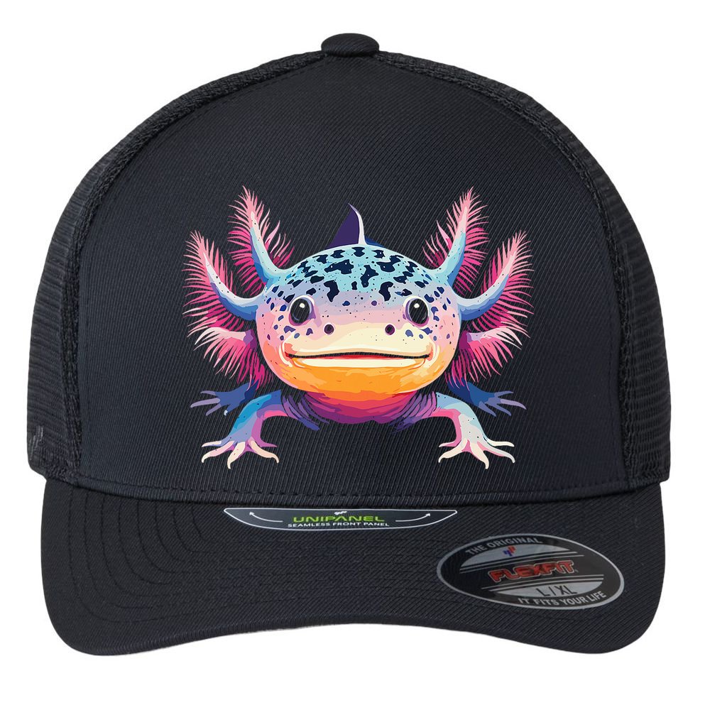 Watercolor Axolotl Gift Adults Black Cartoon Axolotl  Flexfit Unipanel Trucker Cap