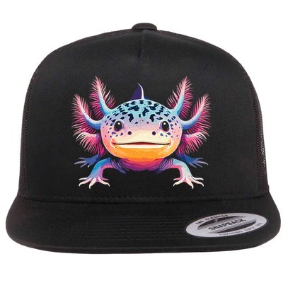 Watercolor Axolotl Gift Adults Black Cartoon Axolotl  Flat Bill Trucker Hat