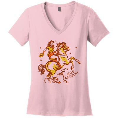 Wild As Heck Cute & Fun Retro Cowgirl Pinup Riding A Horse Women's V-Neck T-Shirt