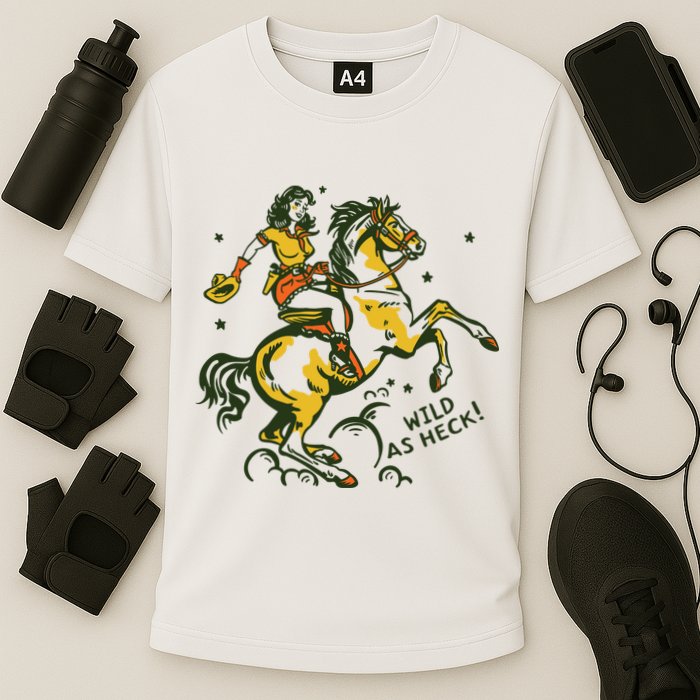 Wild As Heck Cute Retro Cowgirl Pinup Riding A Horse Cooling Performance Crew T-Shirt