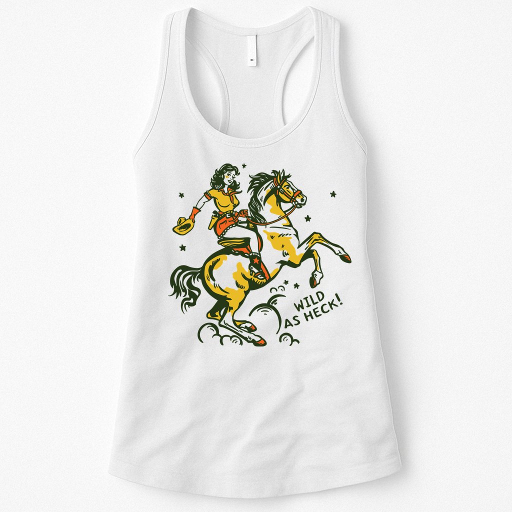 Wild As Heck Cute Retro Cowgirl Pinup Riding A Horse Womens Tank Top