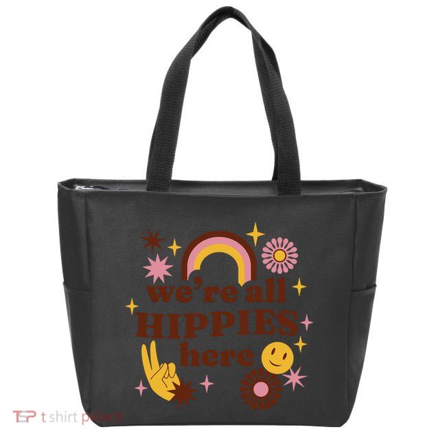 We're All Hippies Here Rainbow Retro Zip Tote Bag