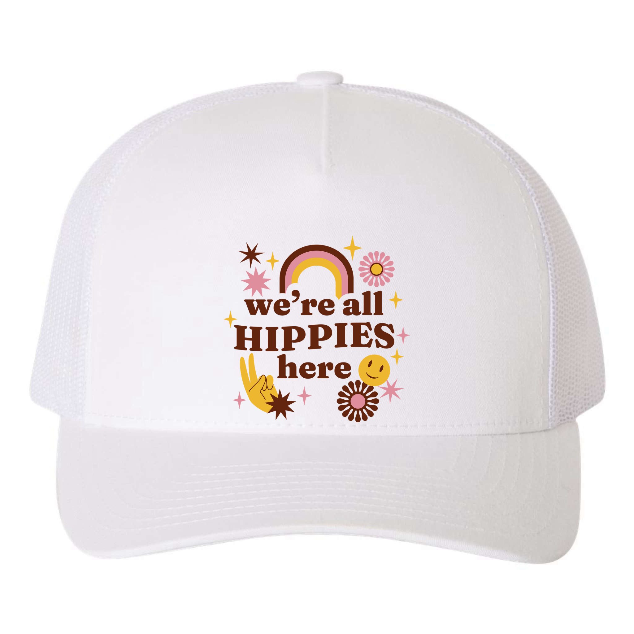 We're All Hippies Here Rainbow Retro Yupoong Adult 5-Panel Trucker Hat