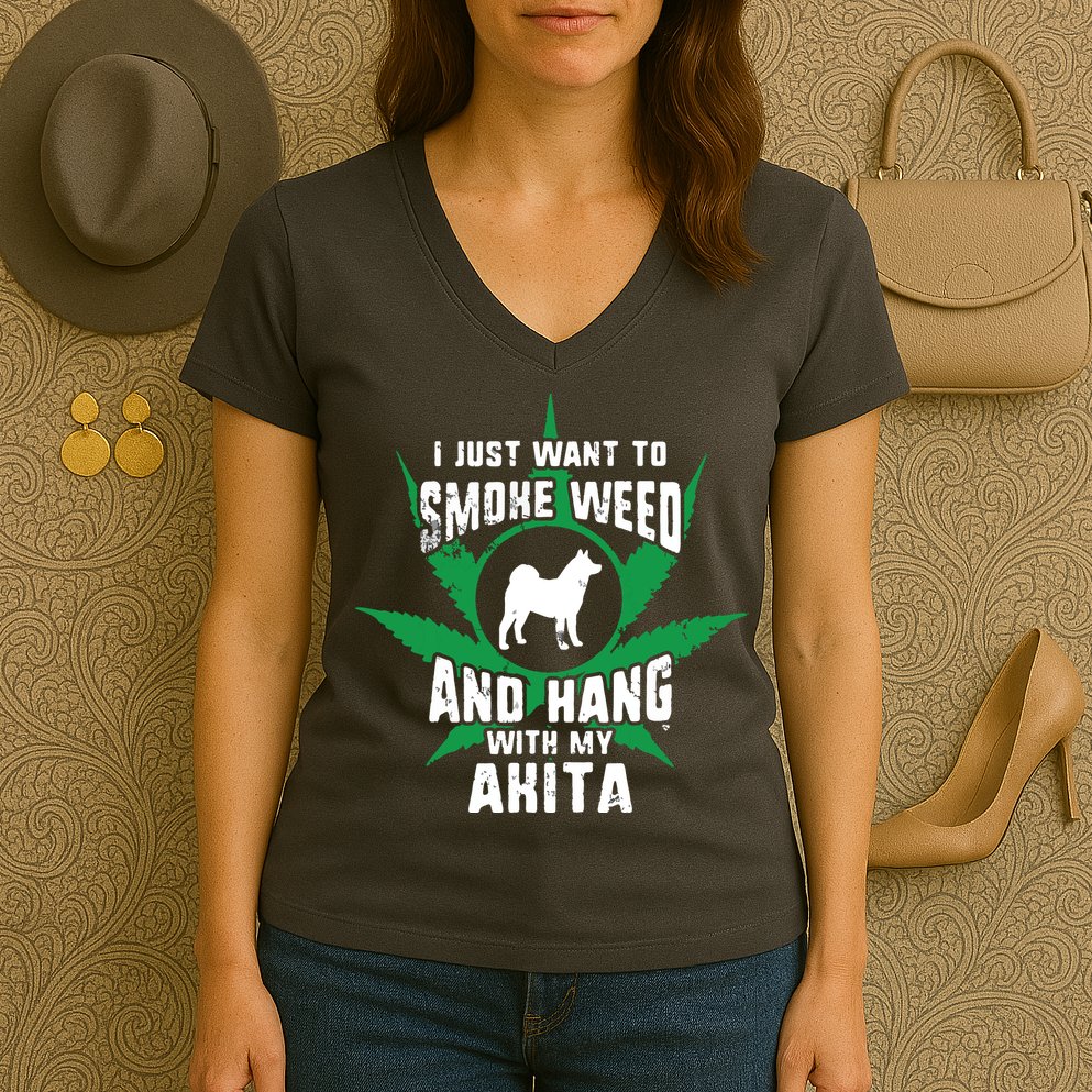 Weed And Hang With My Akita Funny Women's V-Neck T-Shirt