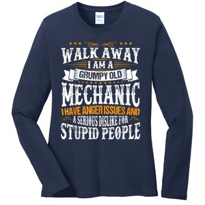 Walk Away I Am A Grumpy Old Mechanic I Have Anger Issues Ladies Long Sleeve Shirt