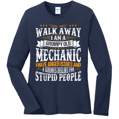 Walk Away I Am A Grumpy Old Mechanic I Have Anger Issues Ladies Long Sleeve Shirt