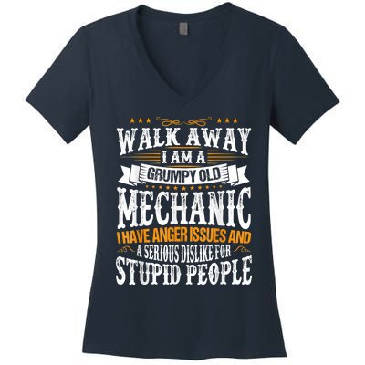 Walk Away I Am A Grumpy Old Mechanic I Have Anger Issues Women's V-Neck T-Shirt