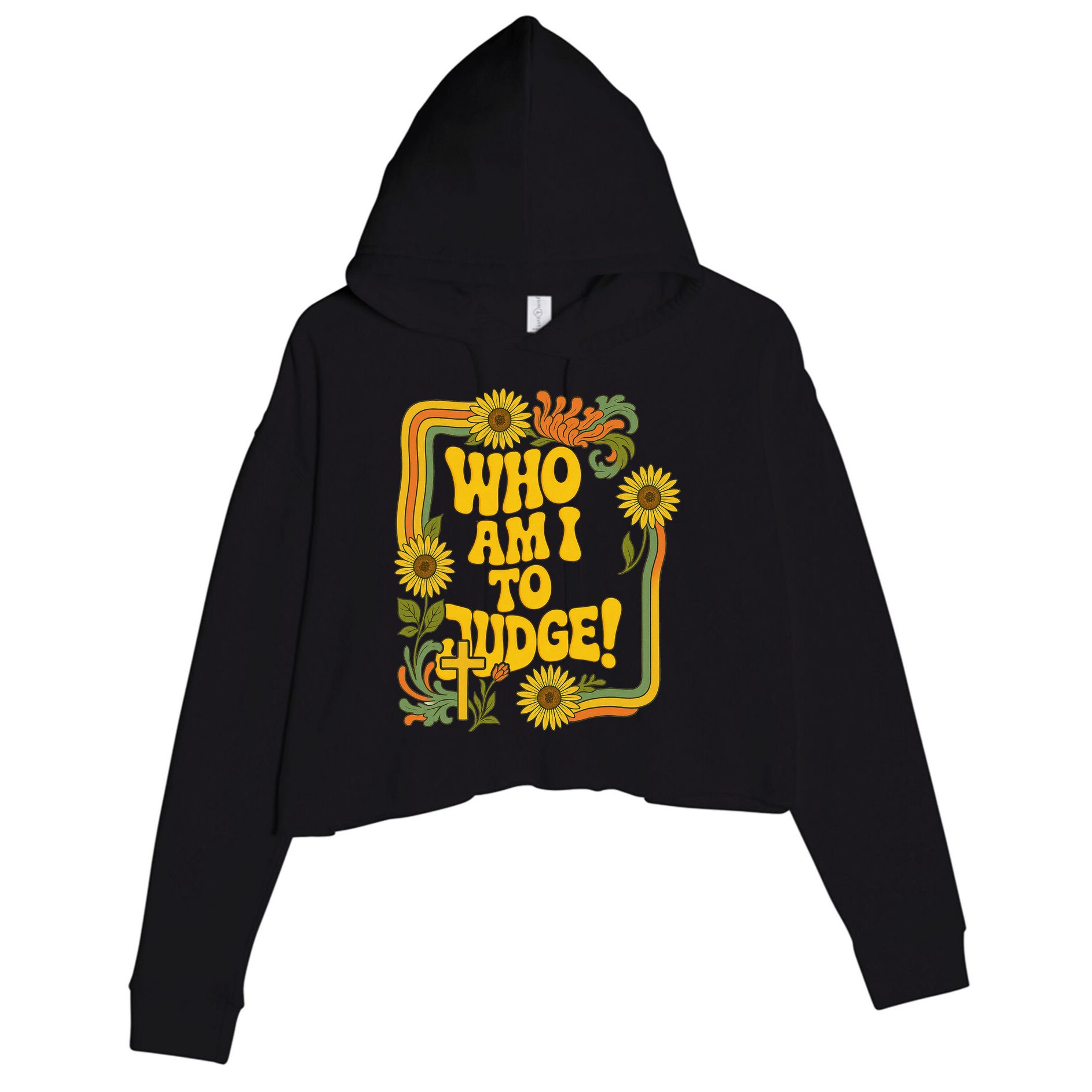 Who Am I To Judge Francis Quote Retro 70s Floral Women Crop Fleece Hoodie