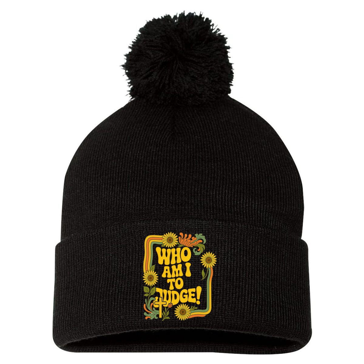 Who Am I To Judge Francis Quote Retro 70s Floral Women Pom Pom 12in Knit Beanie