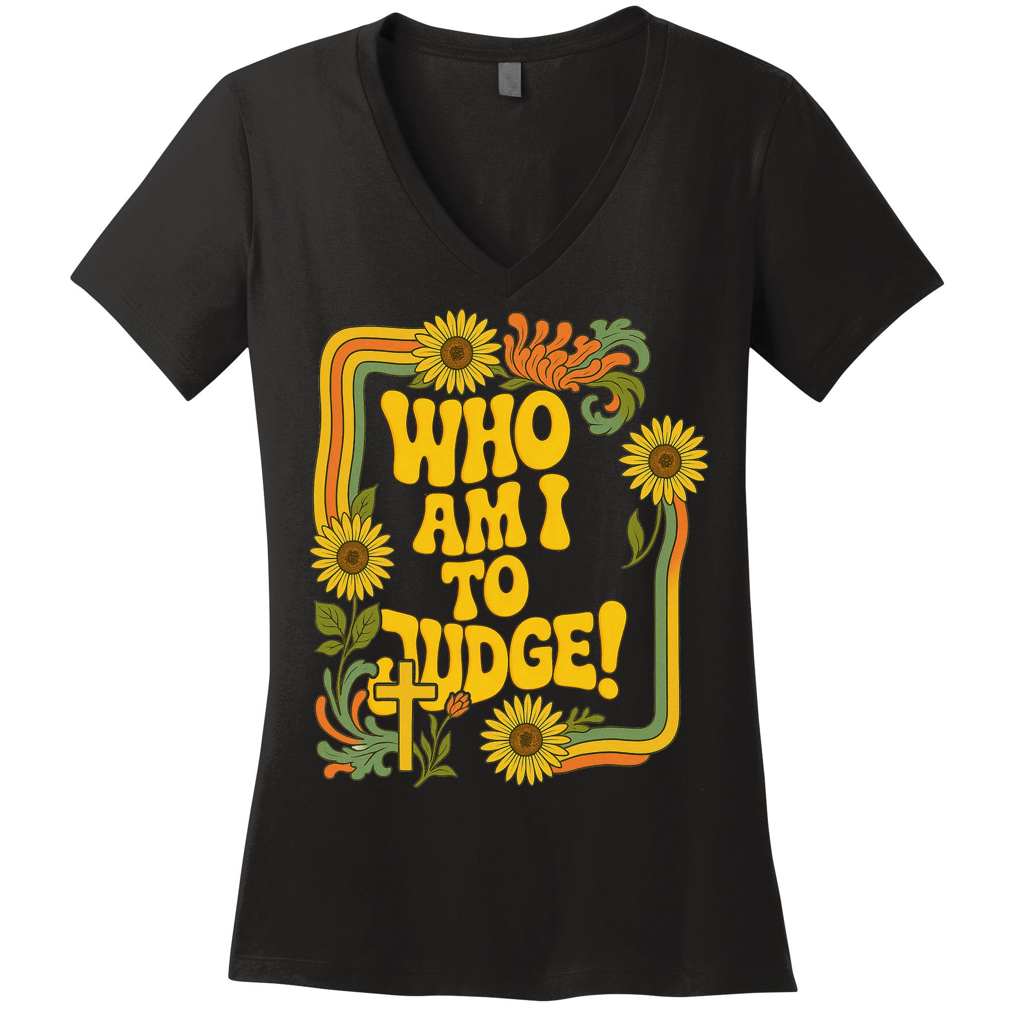 Who Am I To Judge Francis Quote Retro 70s Floral Women Women's V-Neck T-Shirt