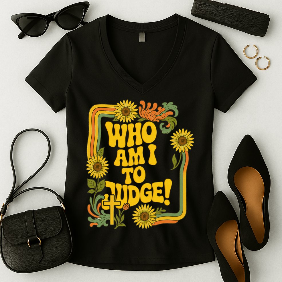 Who Am I To Judge Francis Quote Retro 70s Floral Women Women's V-Neck T-Shirt