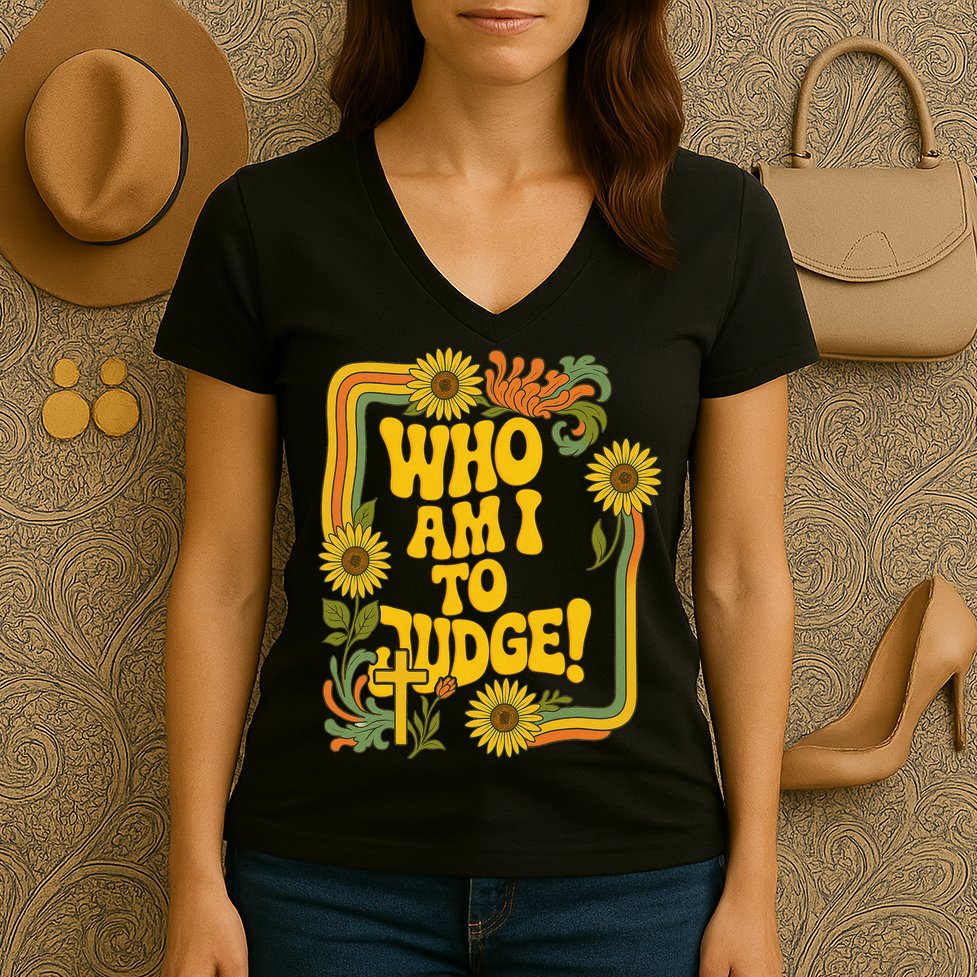 Who Am I To Judge Francis Quote Retro 70s Floral Women Women's V-Neck T-Shirt