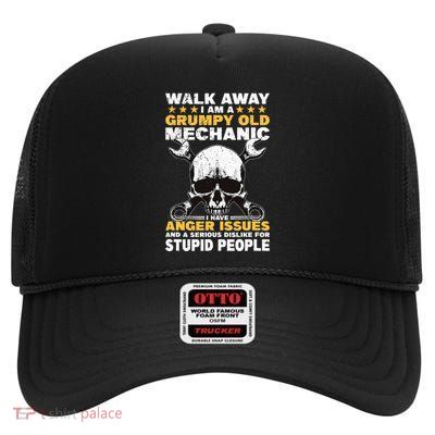 Walk Away I Am A Grumpy Old Mechanic Distressed Skull Dad High Crown Mesh Back Trucker Hat