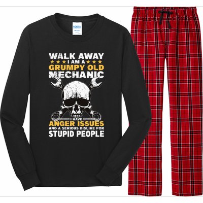 Walk Away I Am A Grumpy Old Mechanic Distressed Skull Dad Long Sleeve Pajama Set