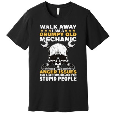 Walk Away I Am A Grumpy Old Mechanic Distressed Skull Dad Premium T-Shirt