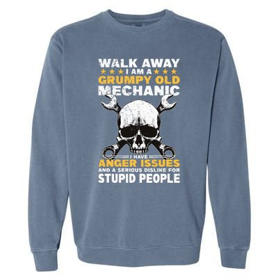 Walk Away I Am A Grumpy Old Mechanic Distressed Skull Dad Garment-Dyed Sweatshirt