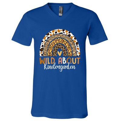 Wild About Kindergarten Back To School Leopard Rainbow Gift V-Neck T-Shirt