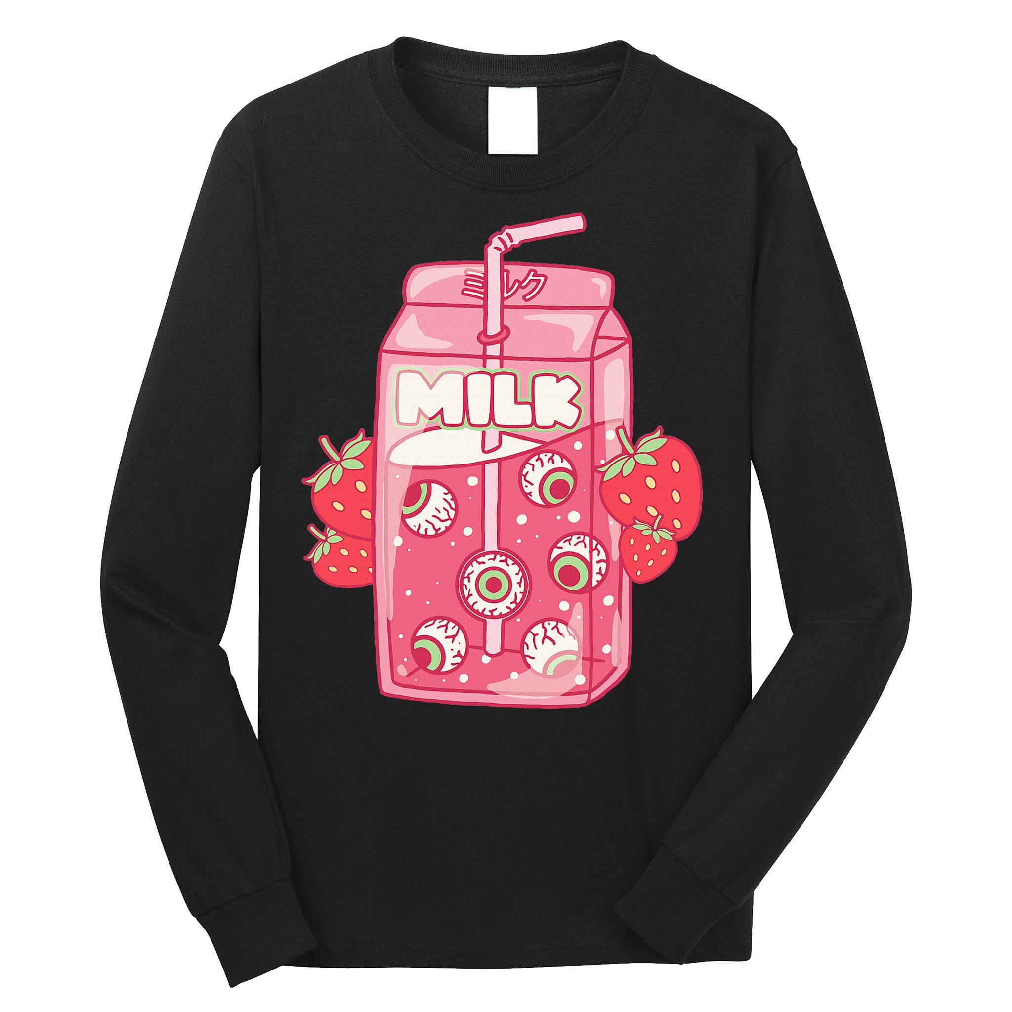 Weirdcore Aesthetic Kawaii Strawberry Milk Carton Eyeballs Long Sleeve Shirt