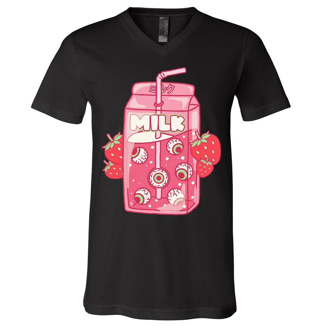 Weirdcore Aesthetic Kawaii Strawberry Milk Carton Eyeballs V-Neck T-Shirt