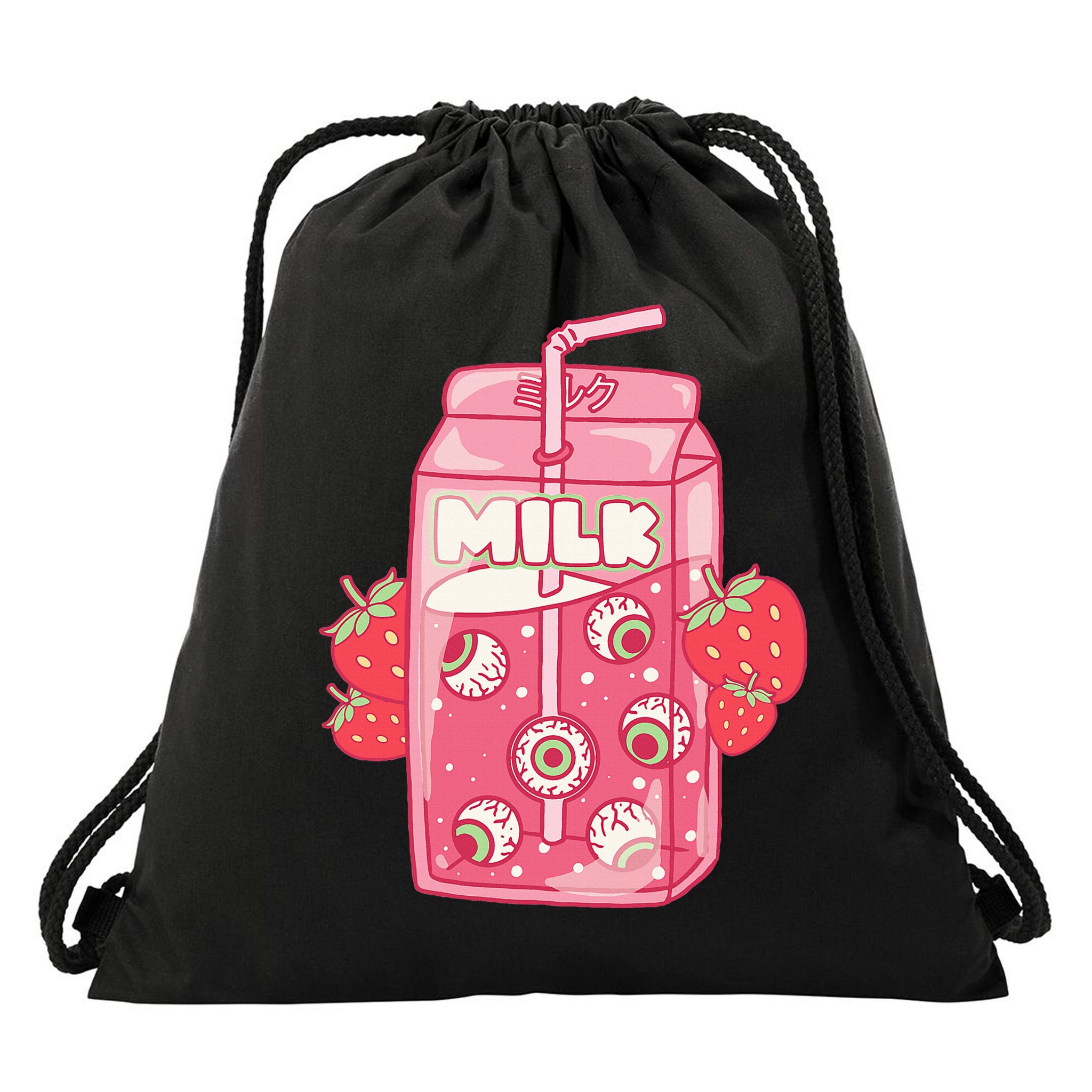 Weirdcore Aesthetic Kawaii Strawberry Milk Carton Eyeballs Drawstring Bag