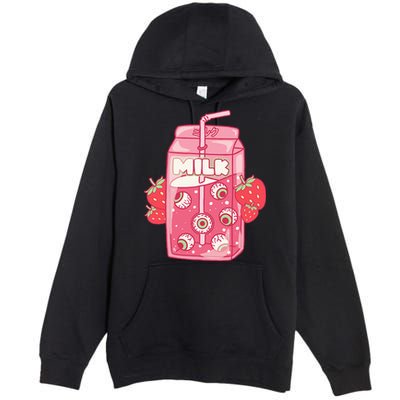 Weirdcore Aesthetic Kawaii Strawberry Milk Carton Eyeballs Premium Pullover Hoodie