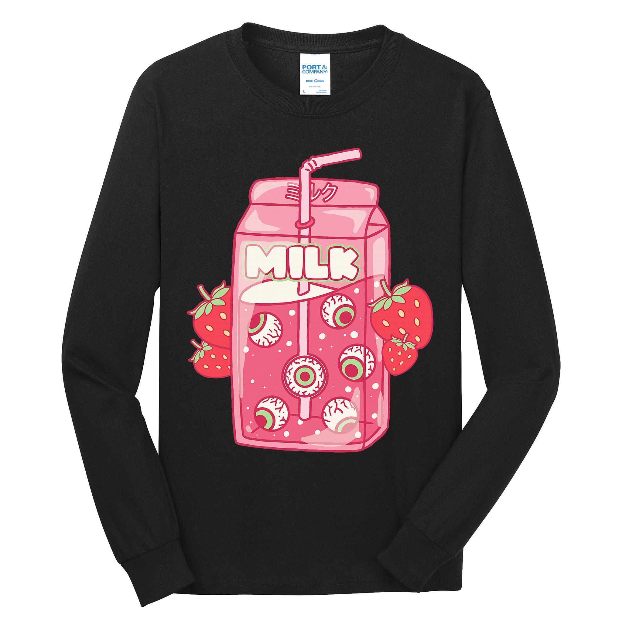 Weirdcore Aesthetic Kawaii Strawberry Milk Carton Eyeballs Tall Long Sleeve T-Shirt