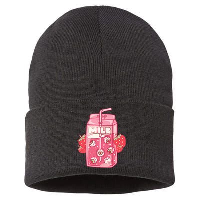 Weirdcore Aesthetic Kawaii Strawberry Milk Carton Eyeballs Sustainable Knit Beanie