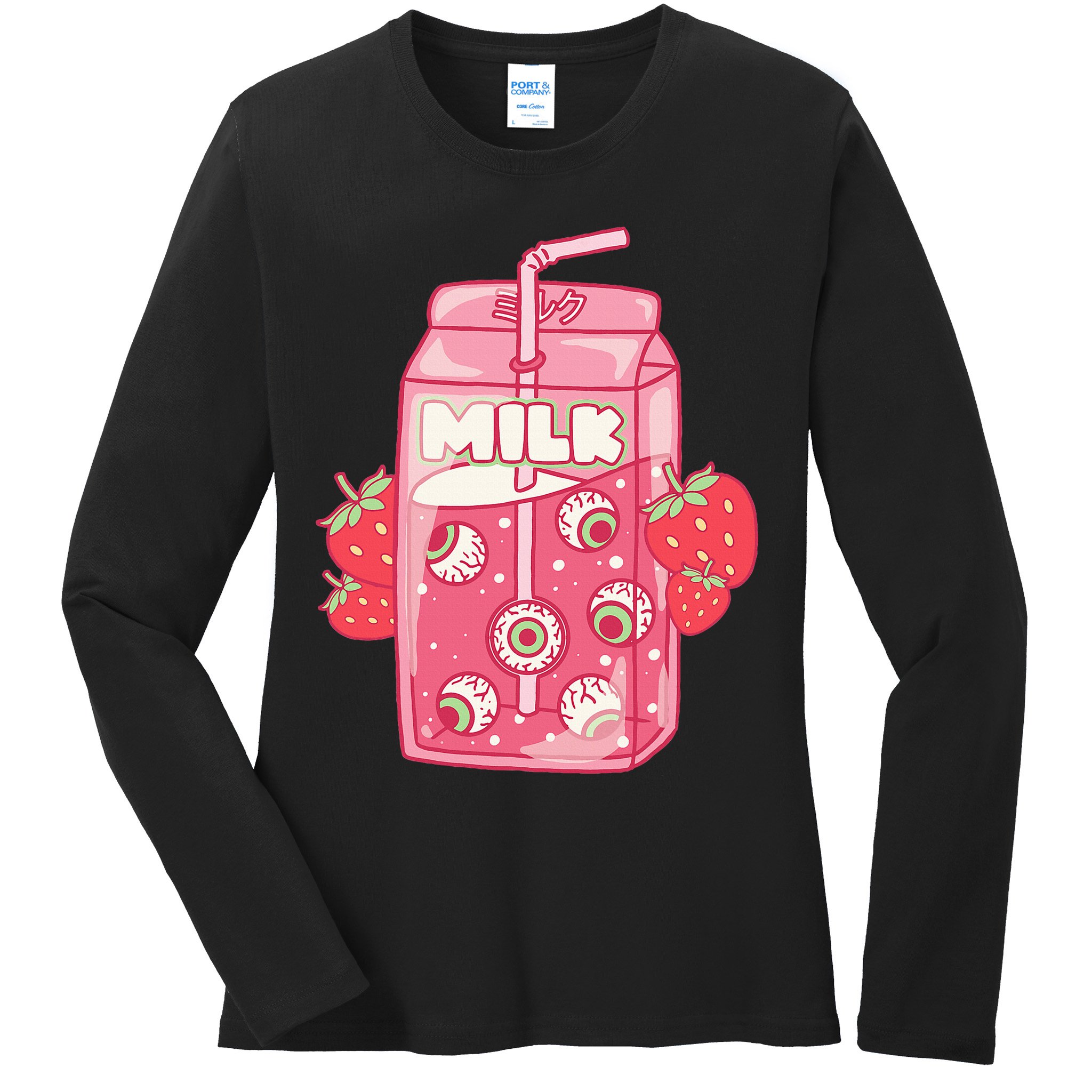 Weirdcore Aesthetic Kawaii Strawberry Milk Carton Eyeballs Ladies Long Sleeve Shirt