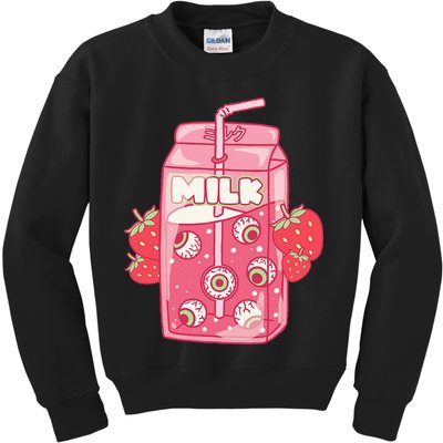 Weirdcore Aesthetic Kawaii Strawberry Milk Carton Eyeballs Kids Sweatshirt