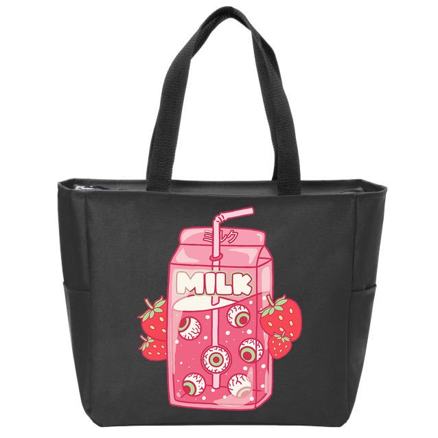 Weirdcore Aesthetic Kawaii Strawberry Milk Carton Eyeballs Zip Tote Bag