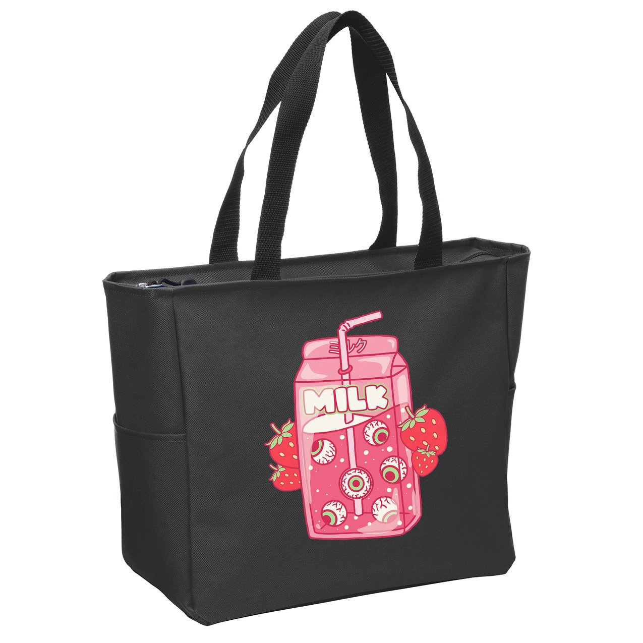 Weirdcore Aesthetic Kawaii Strawberry Milk Carton Eyeballs Zip Tote Bag