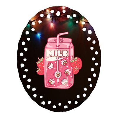 Weirdcore Aesthetic Kawaii Strawberry Milk Carton Eyeballs Ceramic Oval Ornament