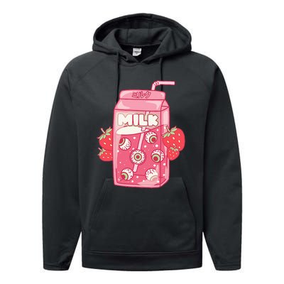 Weirdcore Aesthetic Kawaii Strawberry Milk Carton Eyeballs Performance Fleece Hoodie