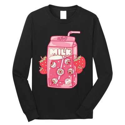 Weirdcore Aesthetic Kawaii Strawberry Milk Carton Eyeballs Long Sleeve Shirt