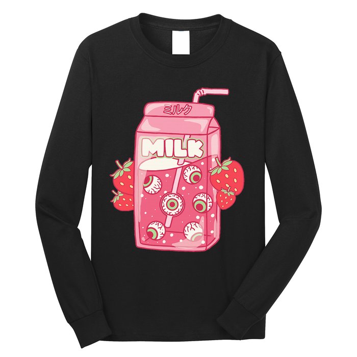 Weirdcore Aesthetic Kawaii Strawberry Milk Carton Eyeballs Long Sleeve Shirt