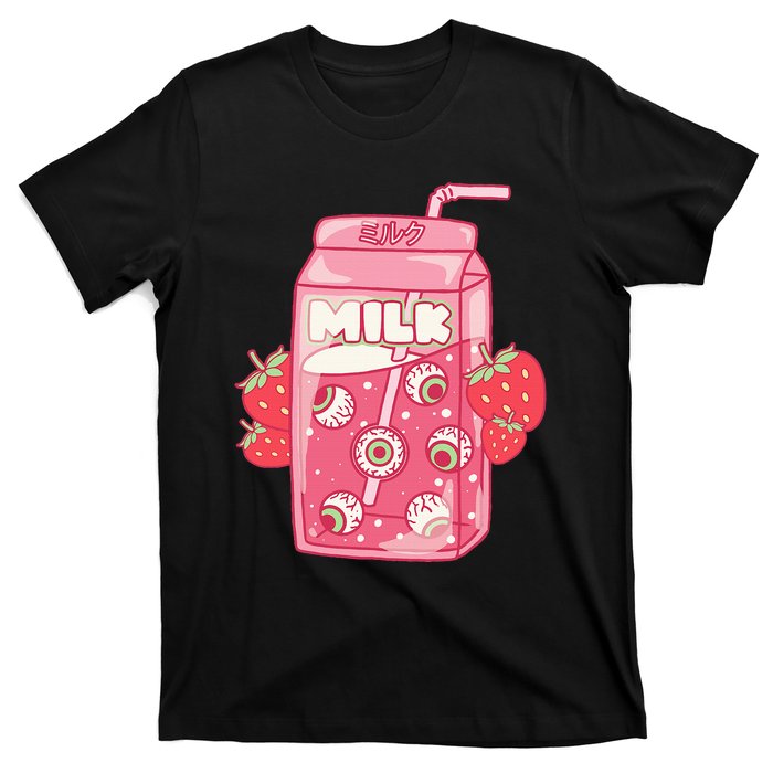 Weirdcore Aesthetic Kawaii Strawberry Milk Carton Eyeballs T-Shirt