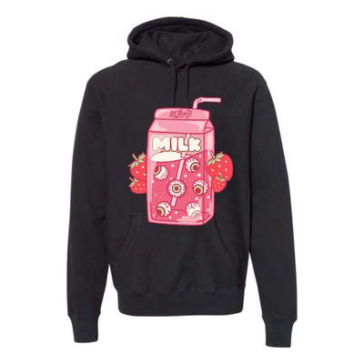 Weirdcore Aesthetic Kawaii Strawberry Milk Carton Eyeballs Premium Hoodie