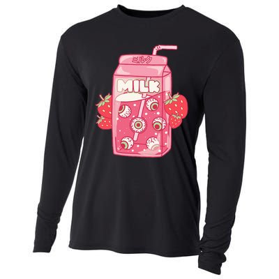 Weirdcore Aesthetic Kawaii Strawberry Milk Carton Eyeballs Cooling Performance Long Sleeve Crew