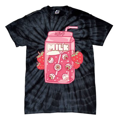 Weirdcore Aesthetic Kawaii Strawberry Milk Carton Eyeballs Tie-Dye T-Shirt