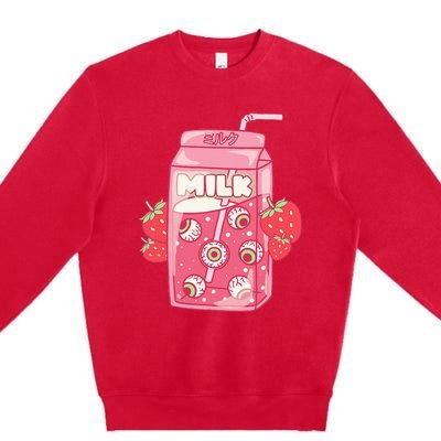 Weirdcore Aesthetic Kawaii Strawberry Milk Carton Eyeballs Premium Crewneck Sweatshirt