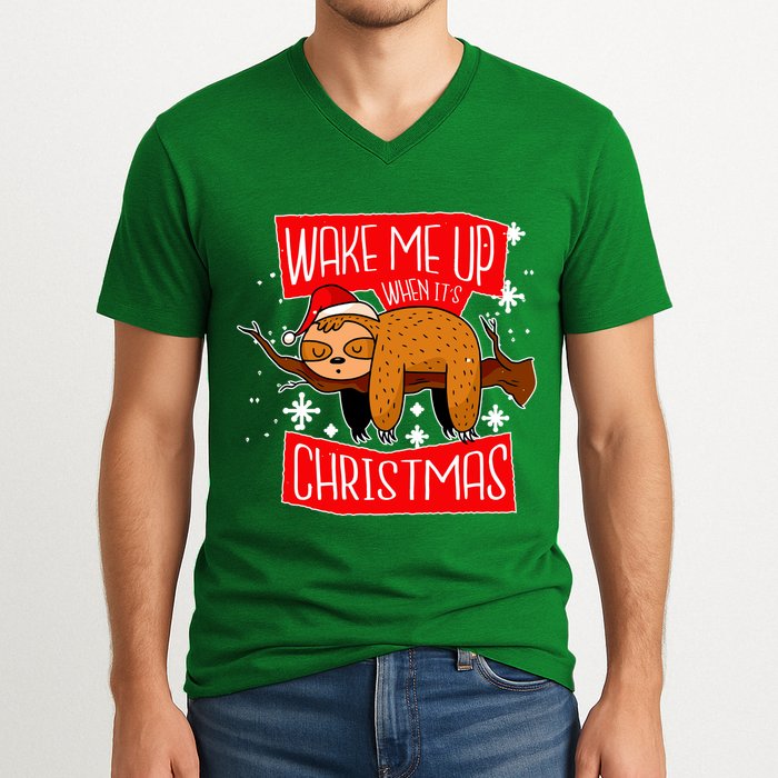 Wake Me Up When It's Christmas Funny Sloth V-Neck T-Shirt