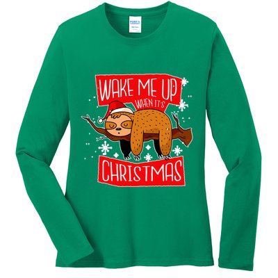 Wake Me Up When It's Christmas Funny Sloth Ladies Long Sleeve Shirt