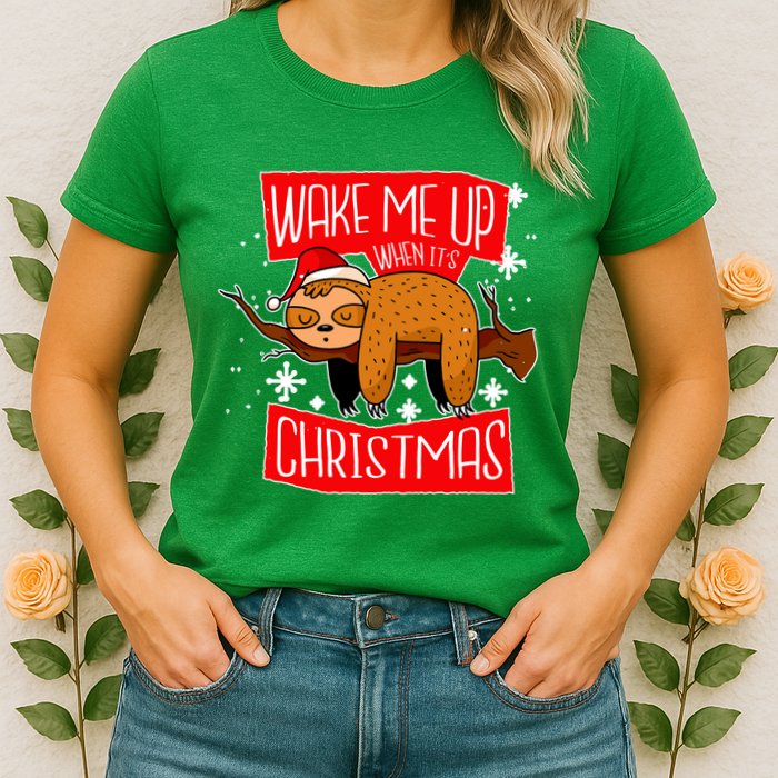 Wake Me Up When It's Christmas Funny Sloth Womens T-Shirt