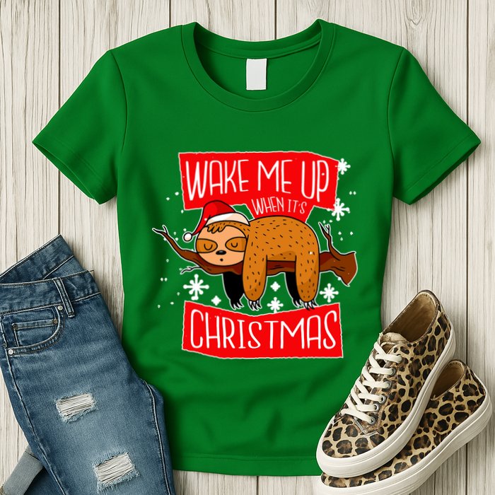 Wake Me Up When It's Christmas Funny Sloth Womens T-Shirt