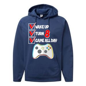 Wake Up Turn Eight Game All Day 8th Birthday Performance Fleece Hoodie