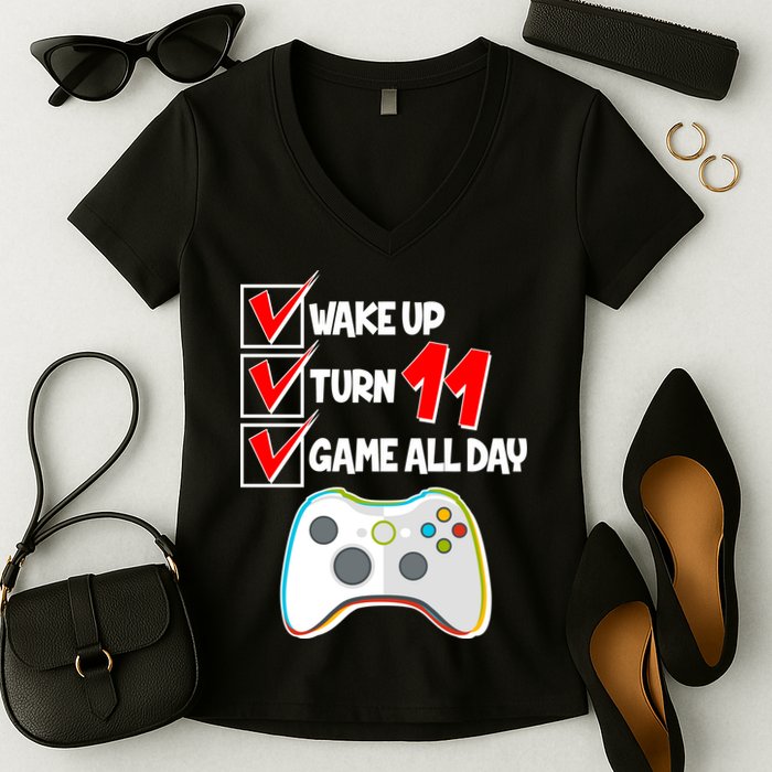 Wake Up Turn Eleven Game All Day 11th Birthday Women's V-Neck T-Shirt
